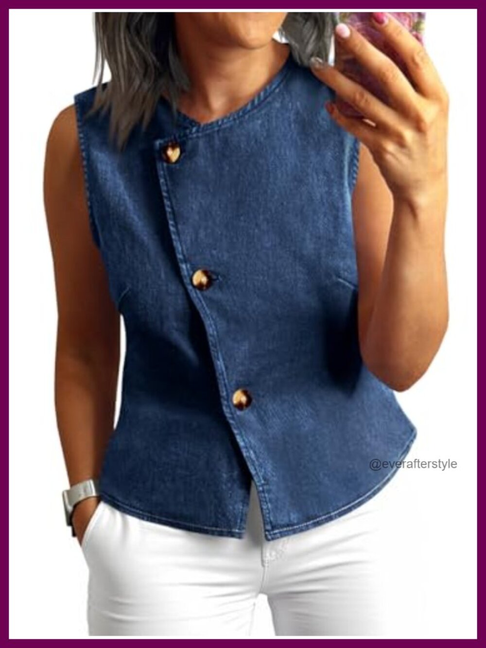 Sleeveless Button Down Denim Vest Top Fitted Tank Casual Summer